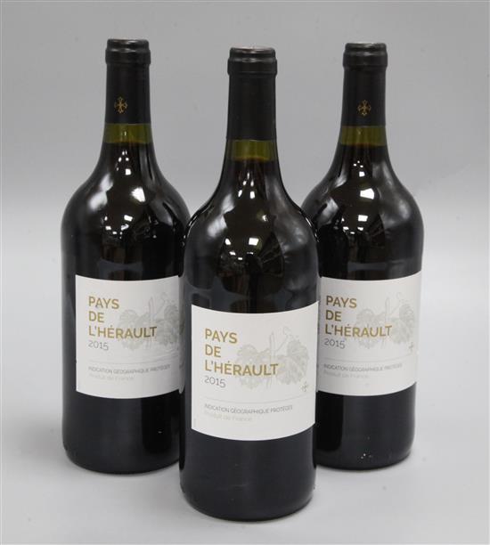 Three bottles of Pays de LHerault red wine